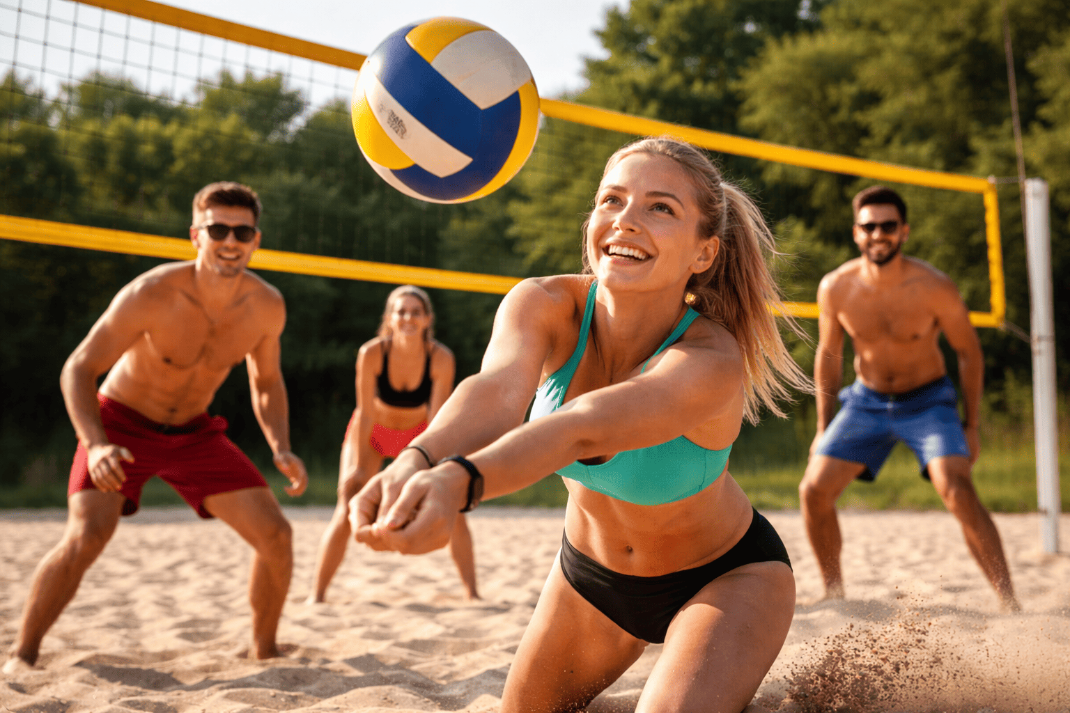 Beachvolleyballspielerin baggert einen Ball