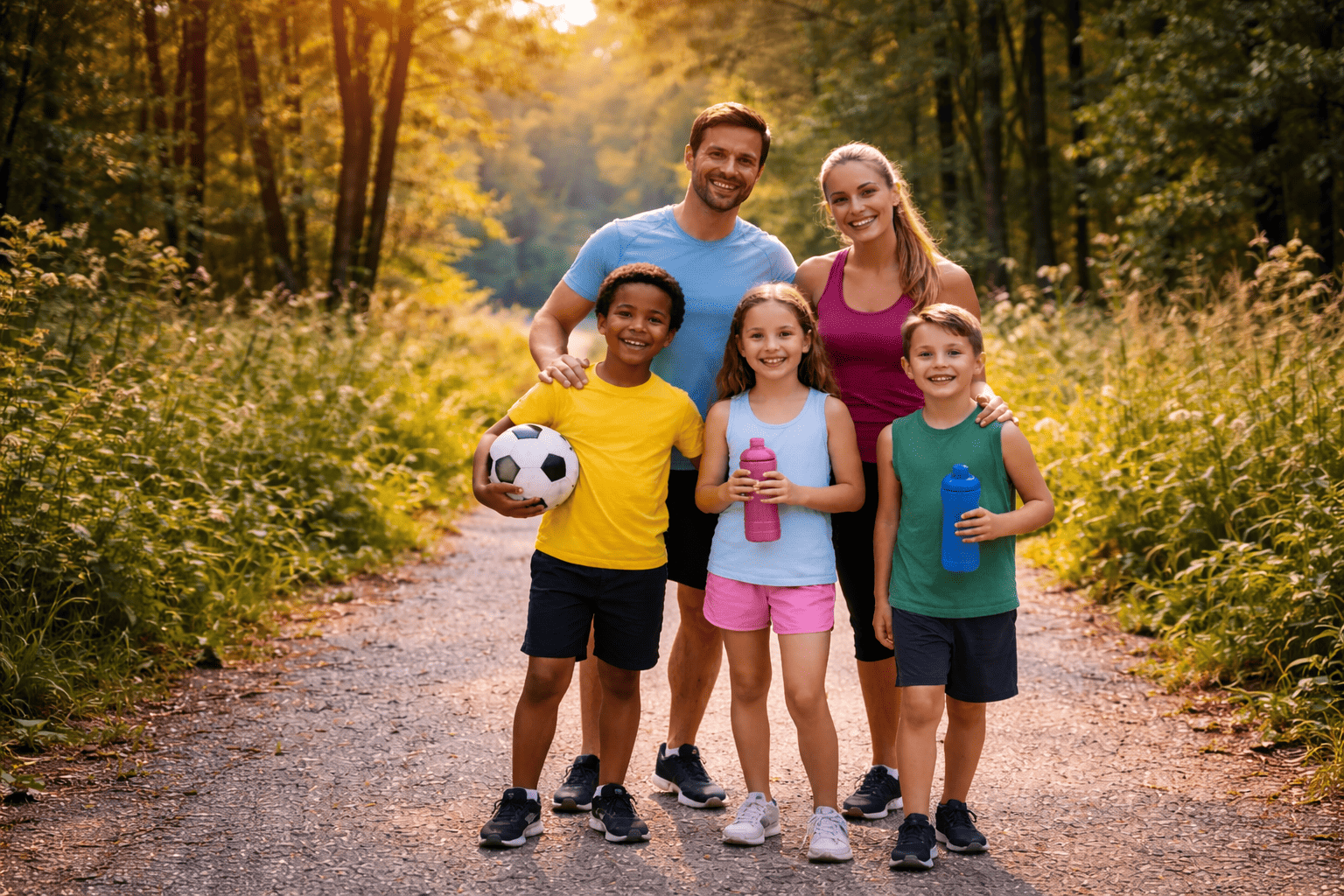 Familie mit Kindern und Fußball auf einem Waldweg
