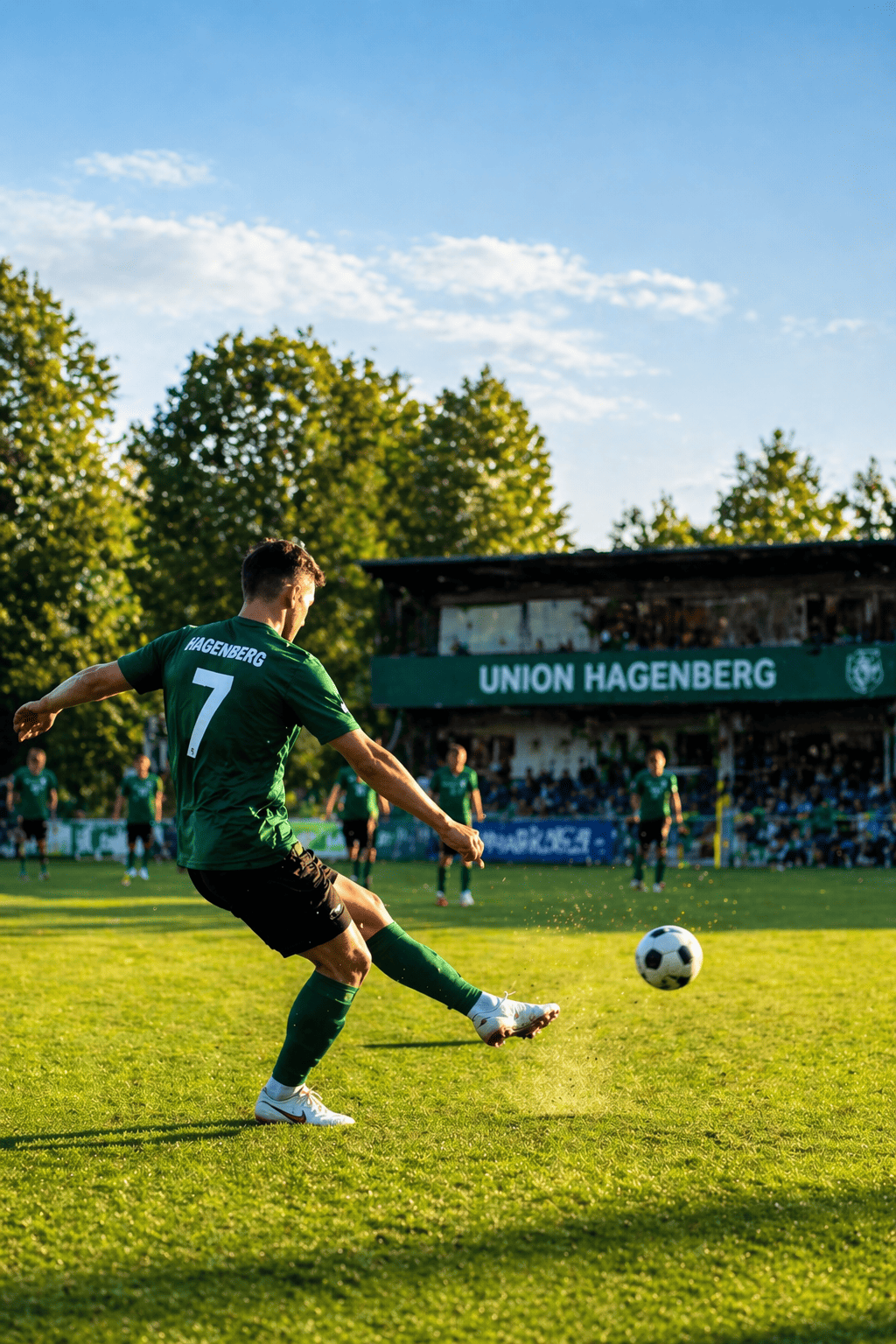 Fußballspieler schießt Ball auf Rasenplatz beim Training in Hagenberg