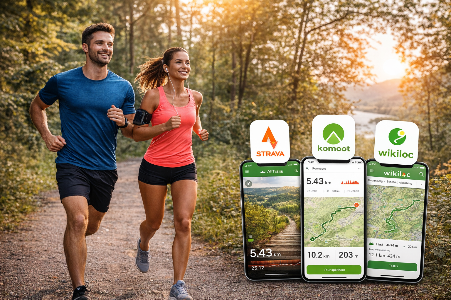 Zwei Läufer auf einem Waldweg mit Lauf-Apps im Bild