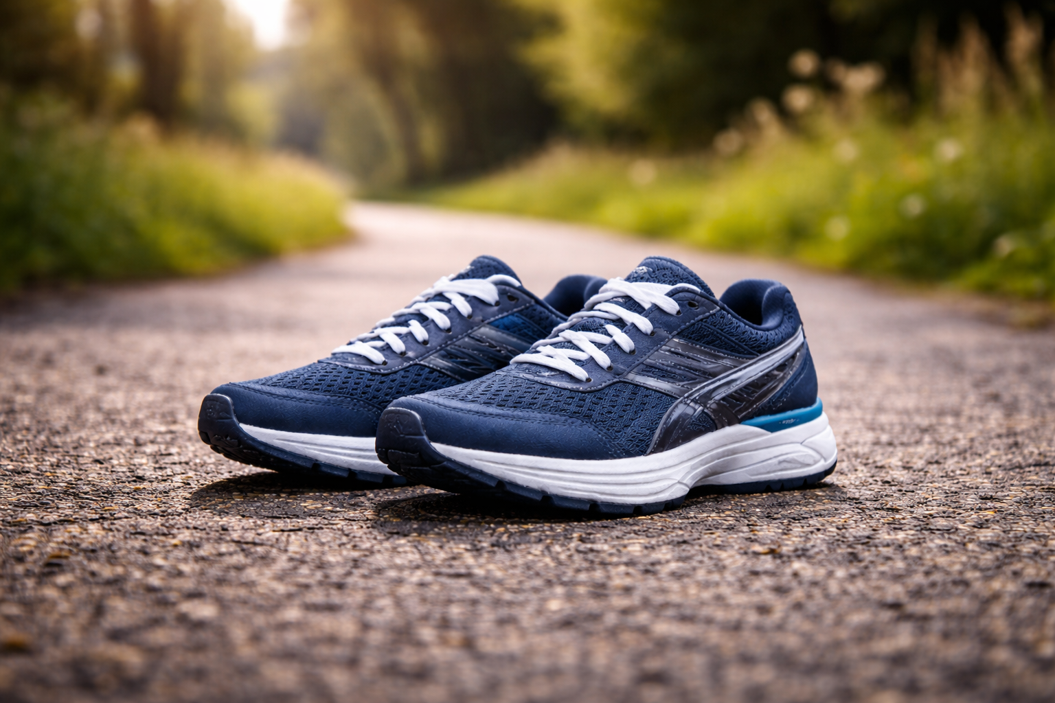 Laufschuhe auf einem Weg im Grünen