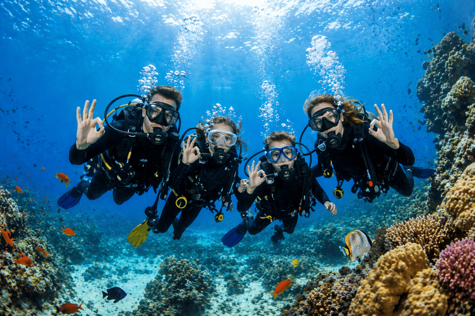 Scuba Diving Hagenberg Familie beim Tauchen in klarem Wasser mit buntem Korallenriff