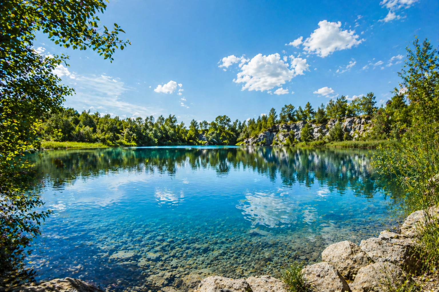 Scuba Diving Hagenberg klarer blauer Teich mit ruhiger Wasseroberfläche in natürlicher Umgebung