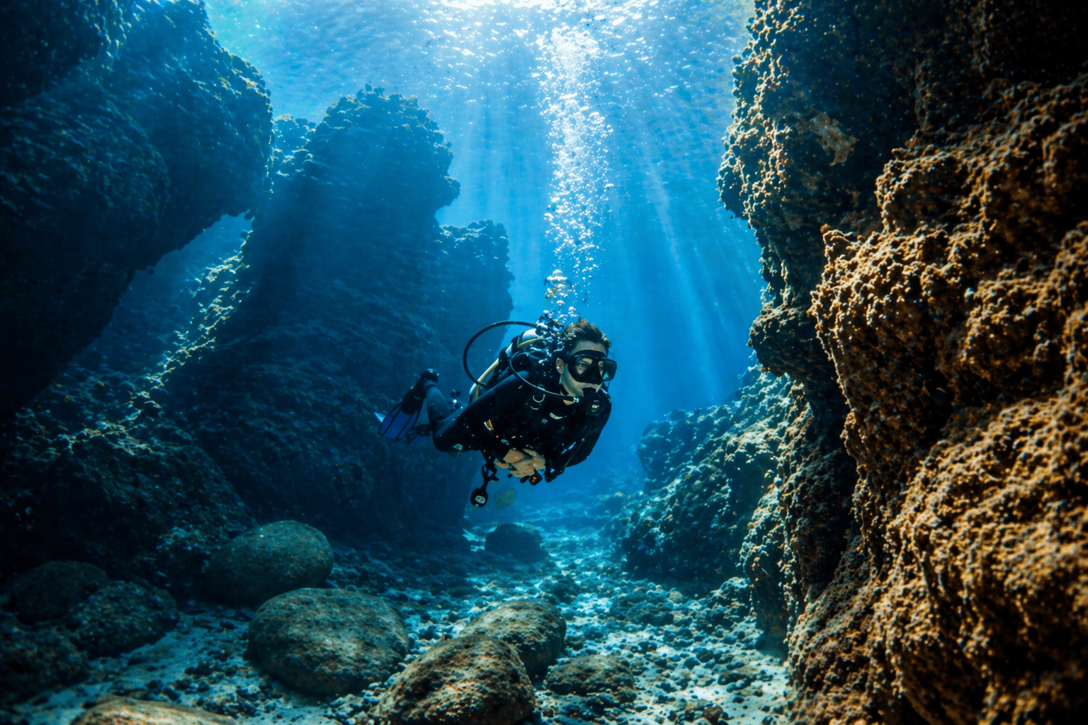 Scuba Diving Hagenberg Taucher erkundet felsige Unterwasserlandschaft mit Lichtstrahlen
