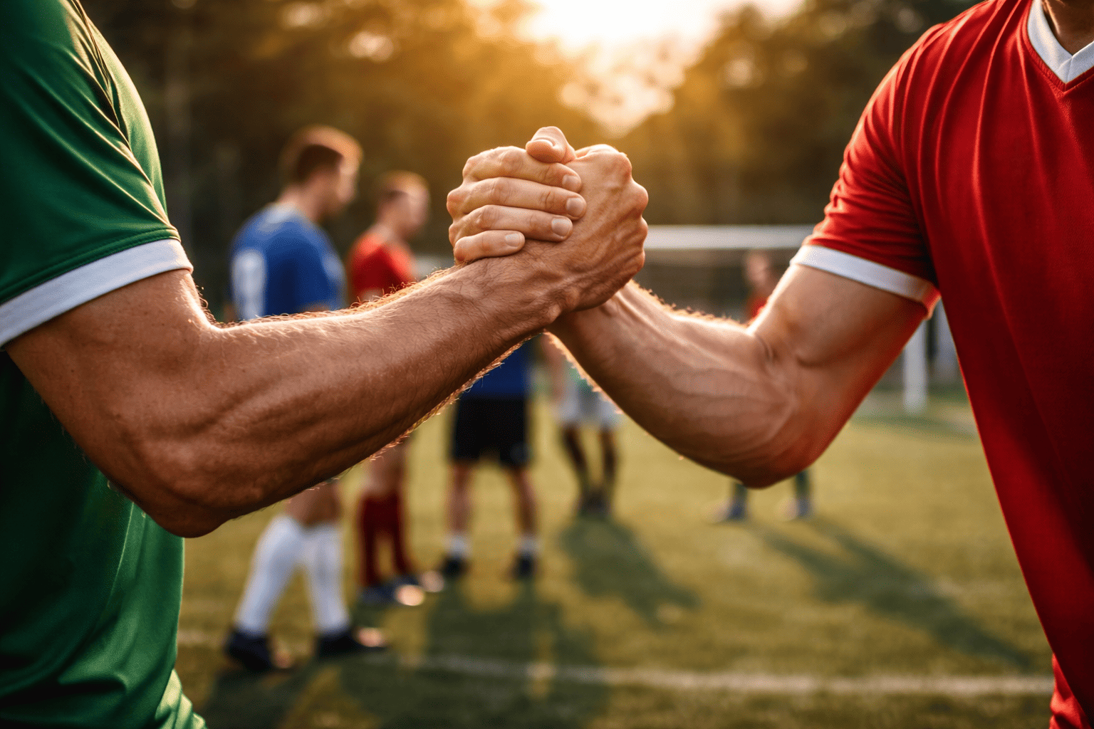 Zwei Fußballspieler von unterschiedlichen Teams geben sich die Hand