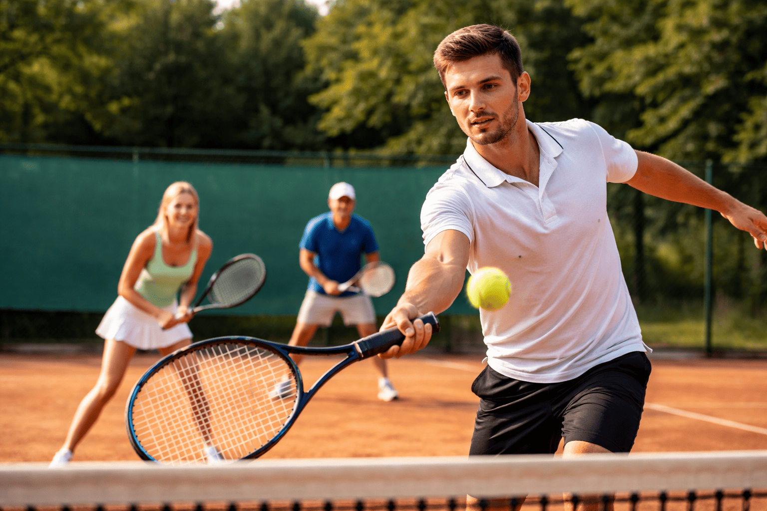Tennisspieler beim Schlag nahe am Netz