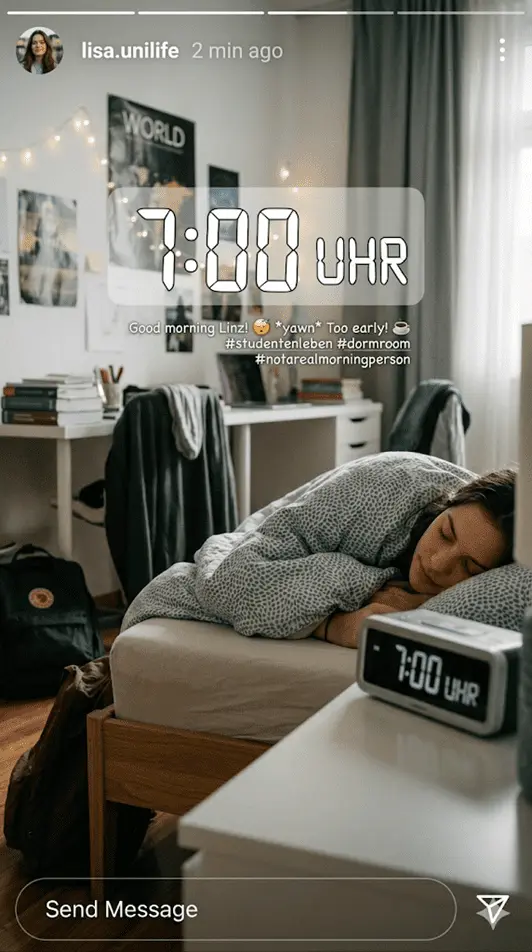 Studentin im Wohnheim Hagenberg am Morgen
