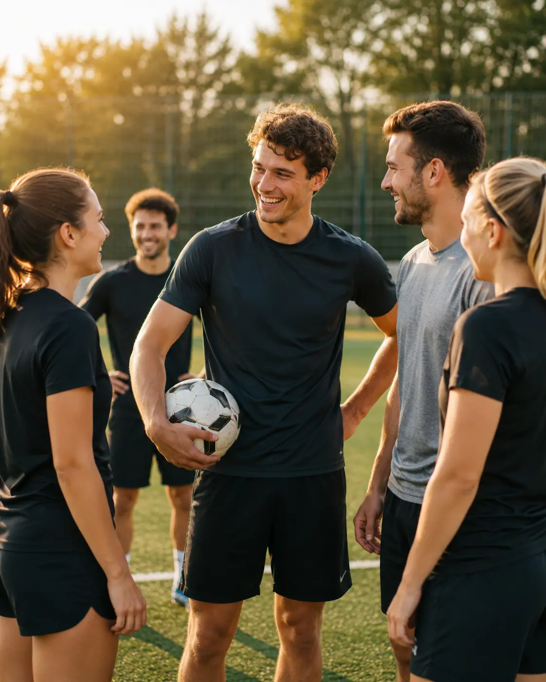 Fußballteam steht gemeinsam am Sportplatz und lacht