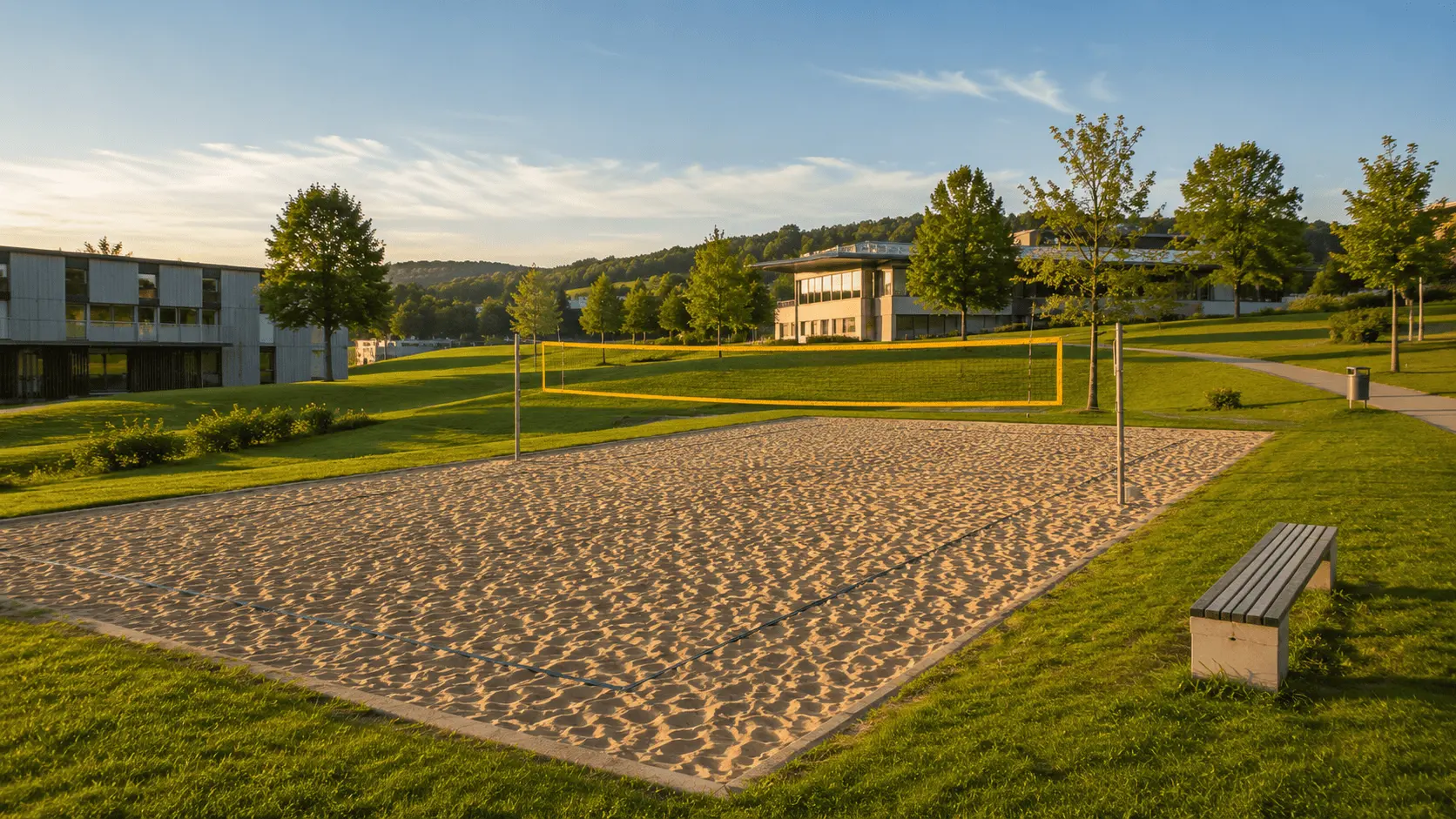 Beachvolleyballplatz bei der FH Hagenberg mit Sandfeld, Netz und Campus-Umgebung