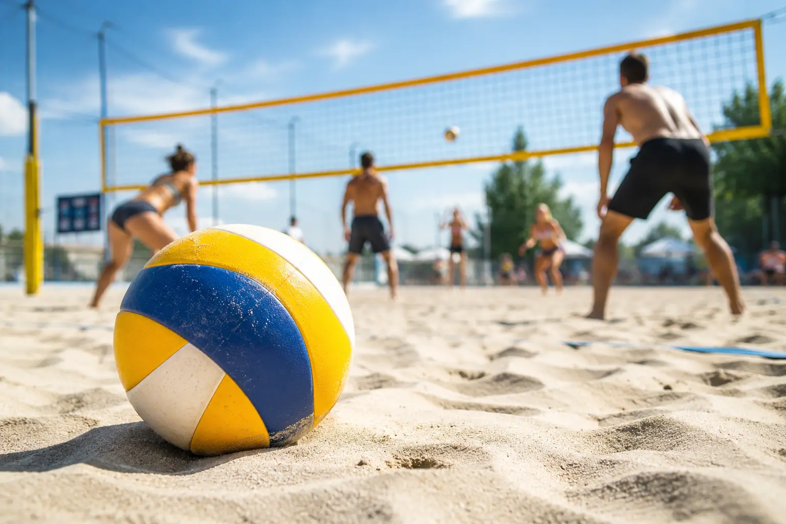 Beachvolleyball Hagenberg Volleyball im Sandplatz mit Spielern im Hintergrund