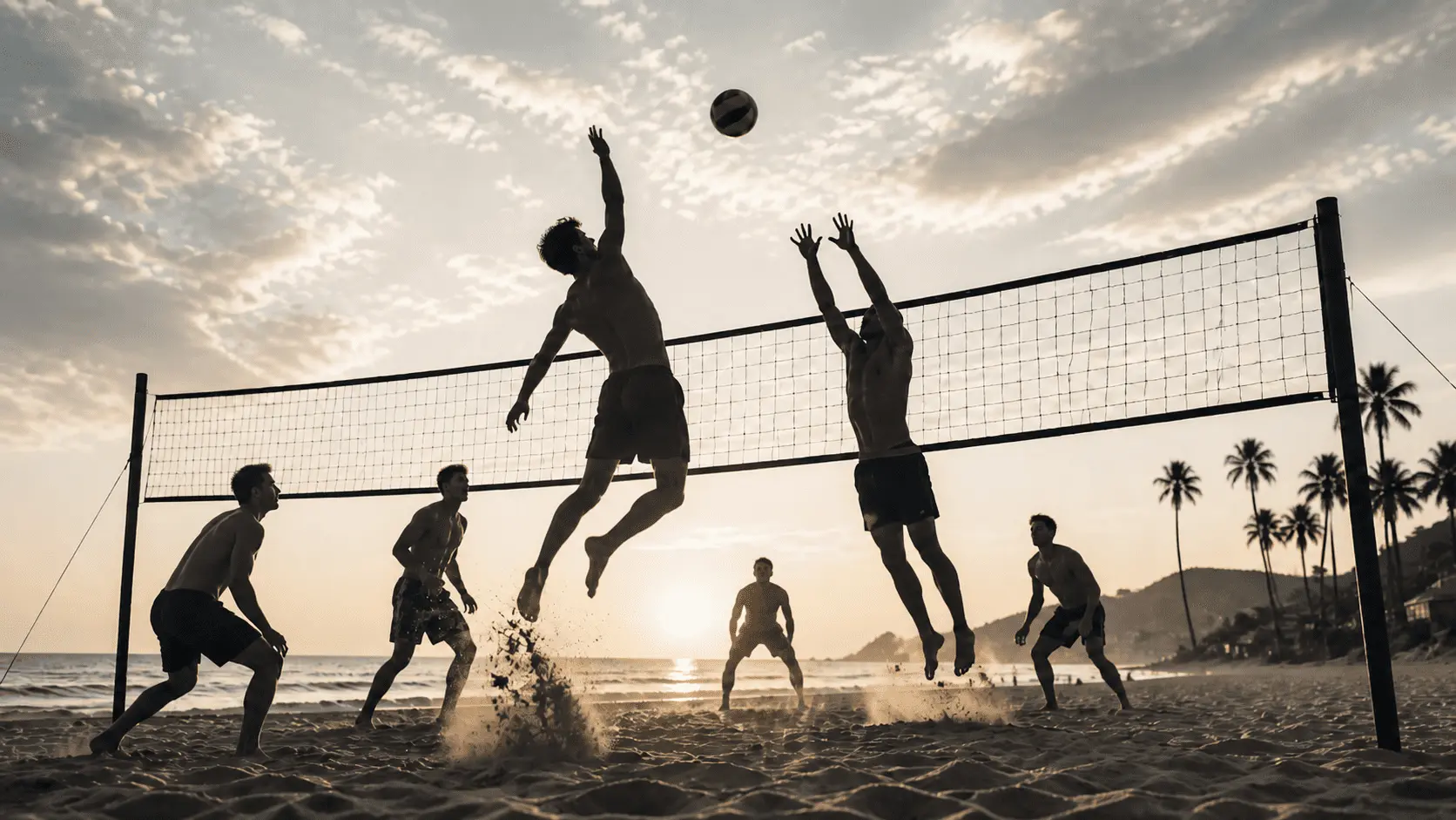 Beachvolleyball Hagenberg: Spieler*innen beim Ballwechsel am Netz im Sand