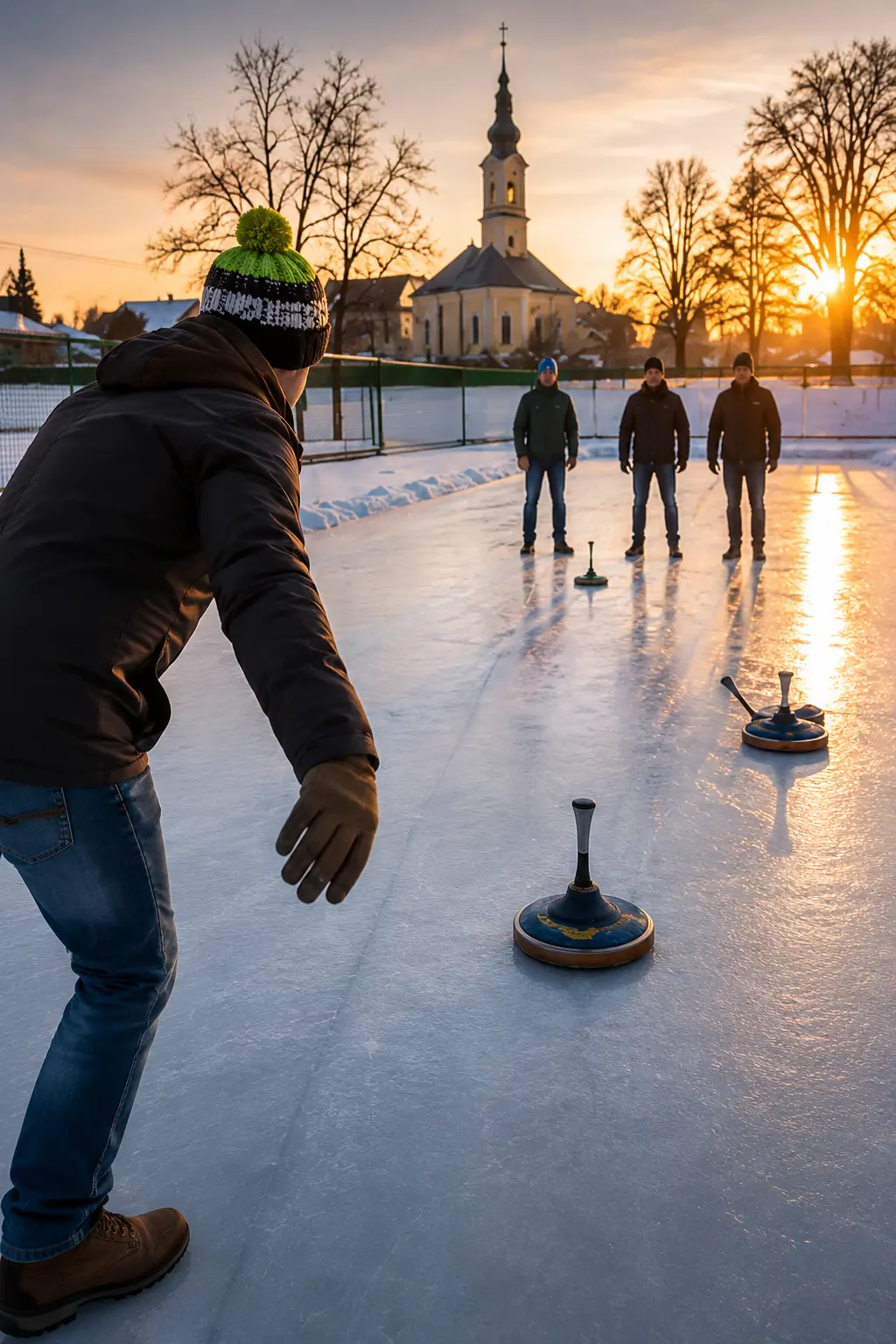 Eisstockschießen Hagenberg mit Spieler und Team auf winterlicher Eisfläche