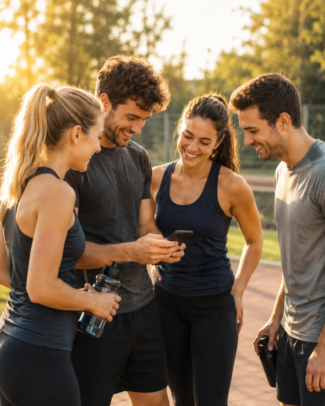 Sportliche Gruppe schaut gemeinsam auf ein Smartphone
