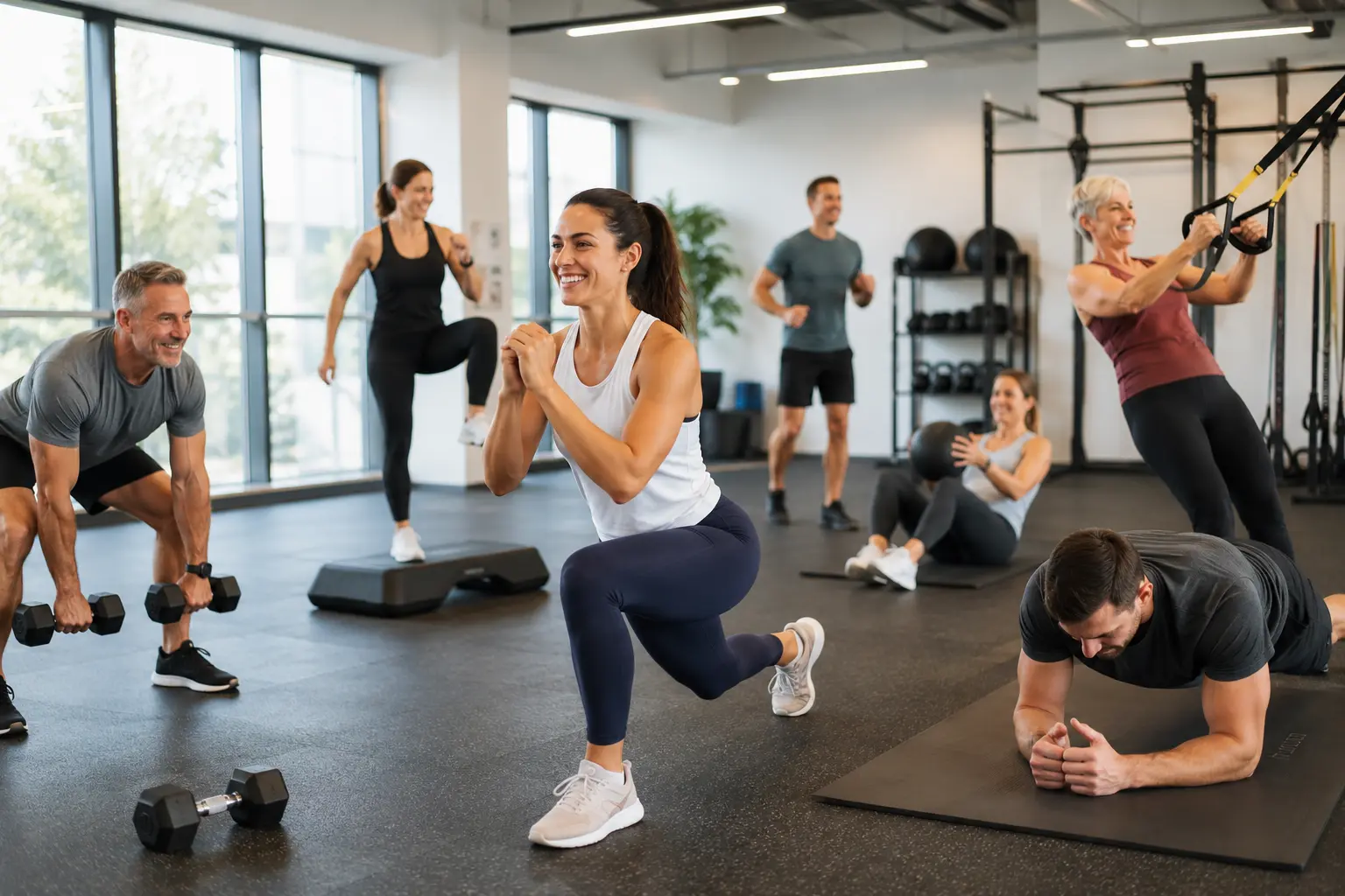 Gruppe beim Fit-Mix-Training mit Kraft-, Ausdauer- und Beweglichkeitsübungen in einem modernen Trainingsraum.
