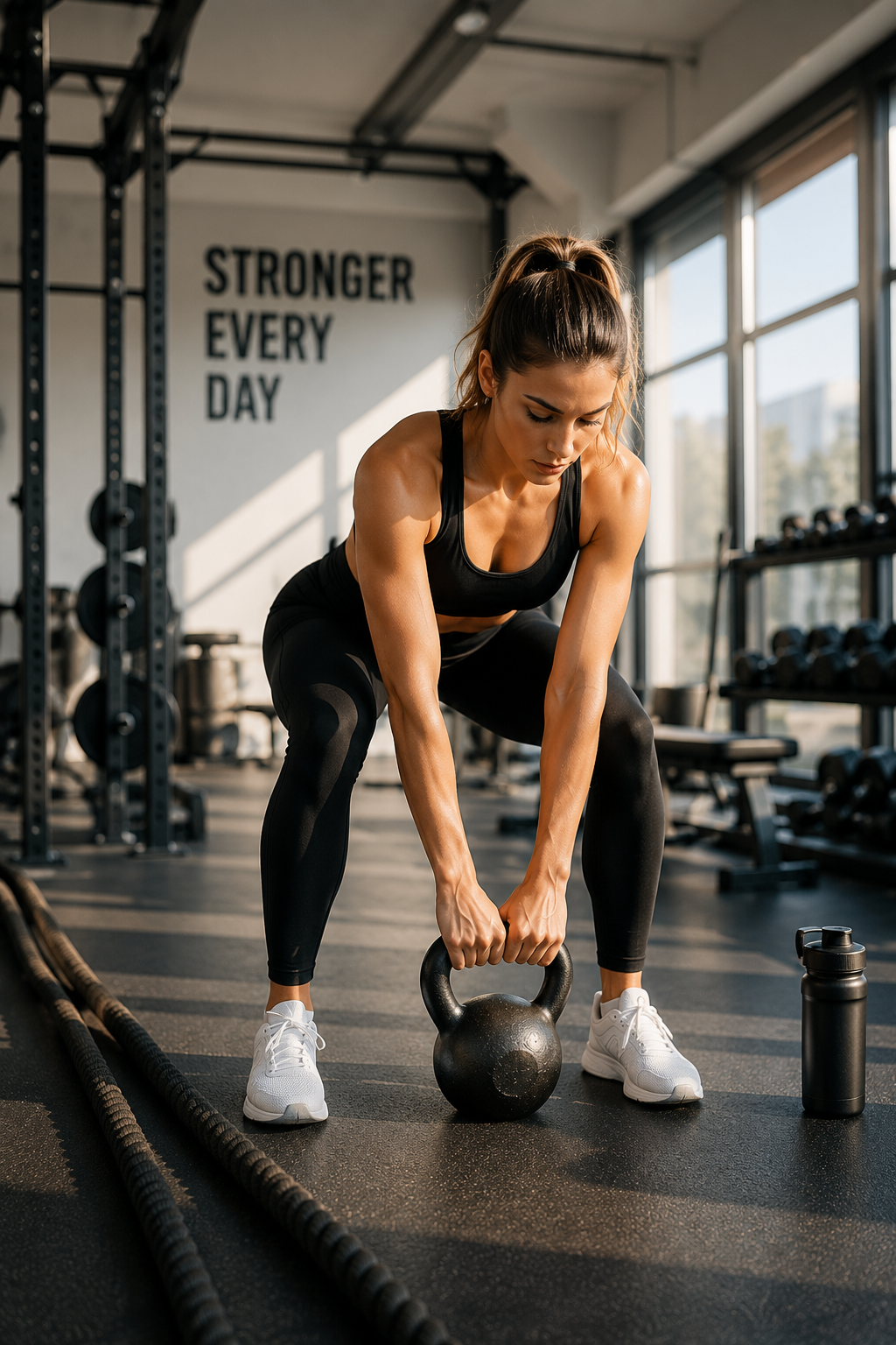 Fitness und Training Hagenberg Frau trainiert mit Kettlebell im modernen Fitnessstudio