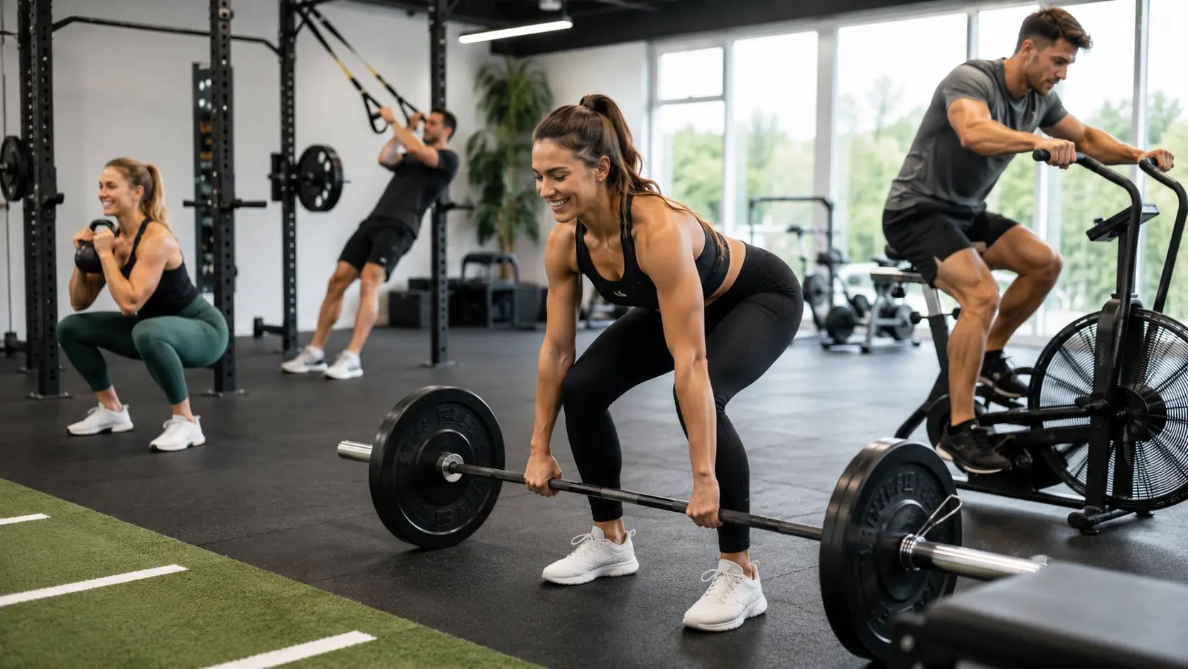Mehrere Sportler*innen trainieren in einem modernen Fitnessstudio mit Kraft- und Ausdauerübungen.