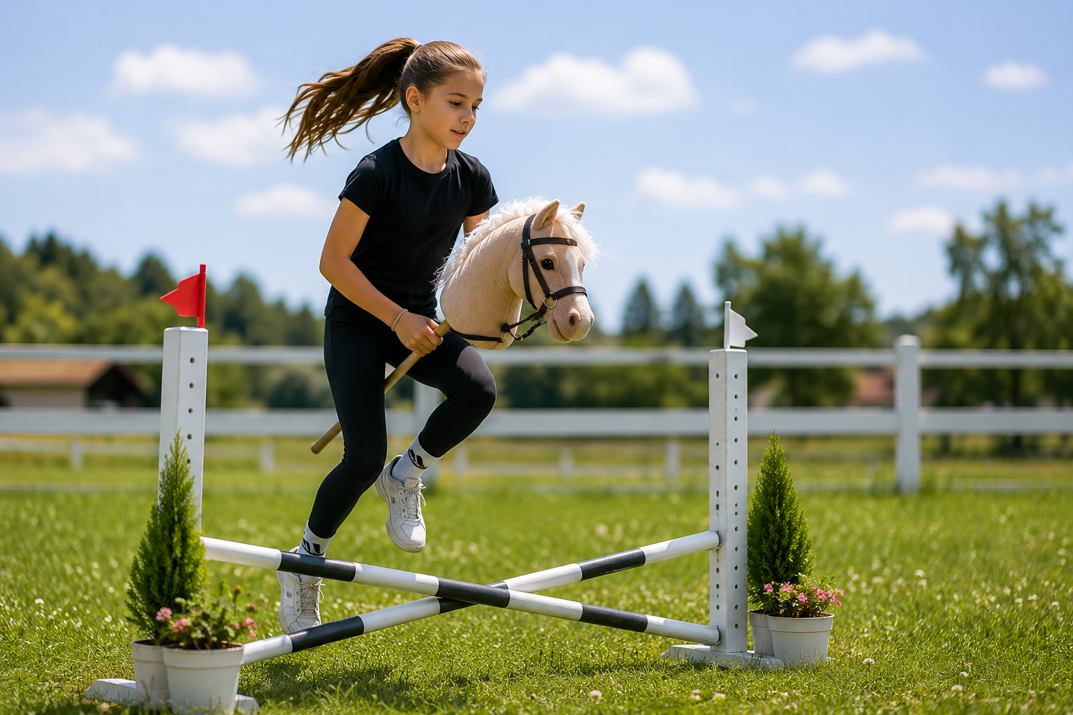 Hobby Horsing Hagenberg Mädchen springt mit Steckenpferd über Hindernis im Freien