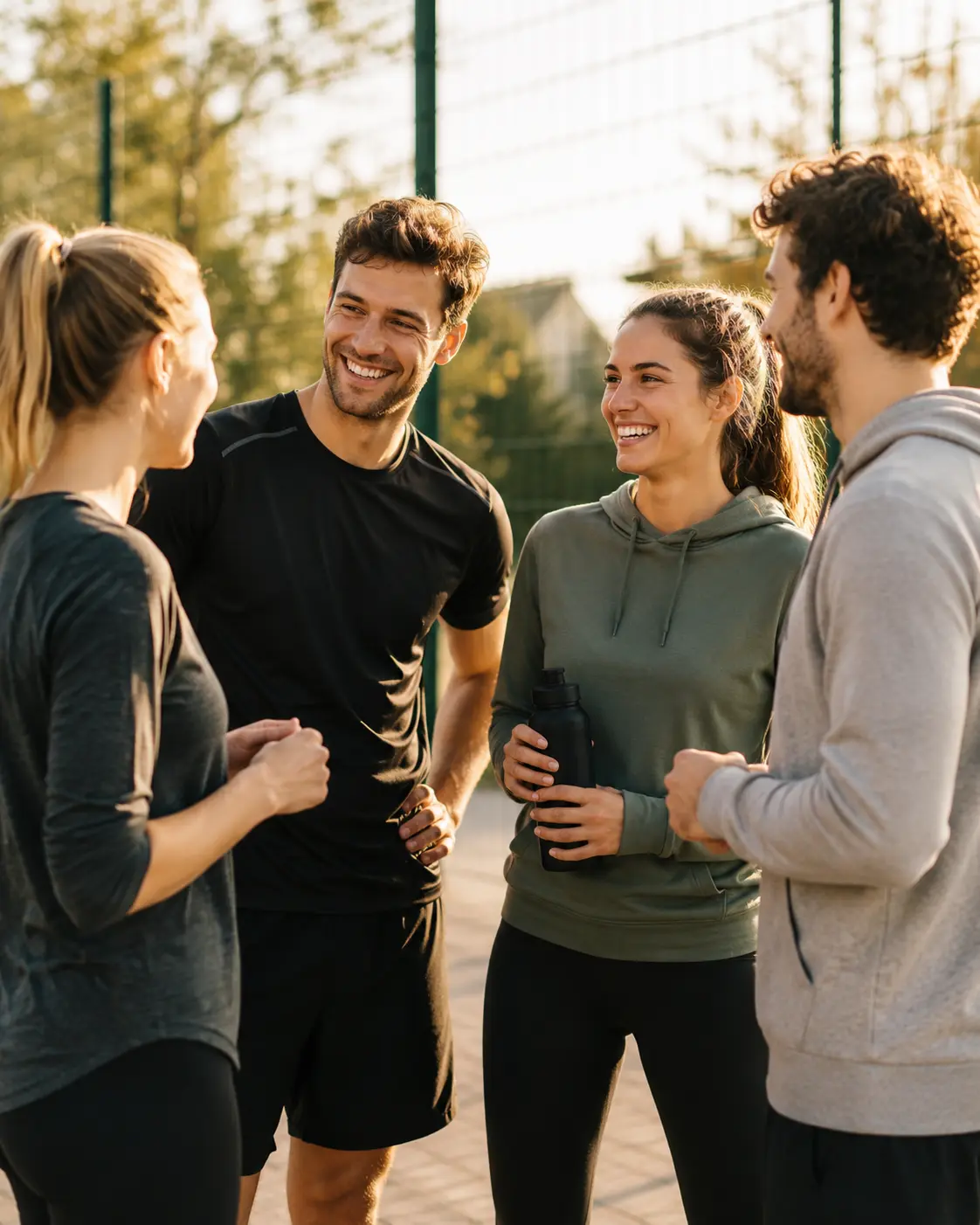 Sportliche Gruppe unterhält sich freundlich im Freien