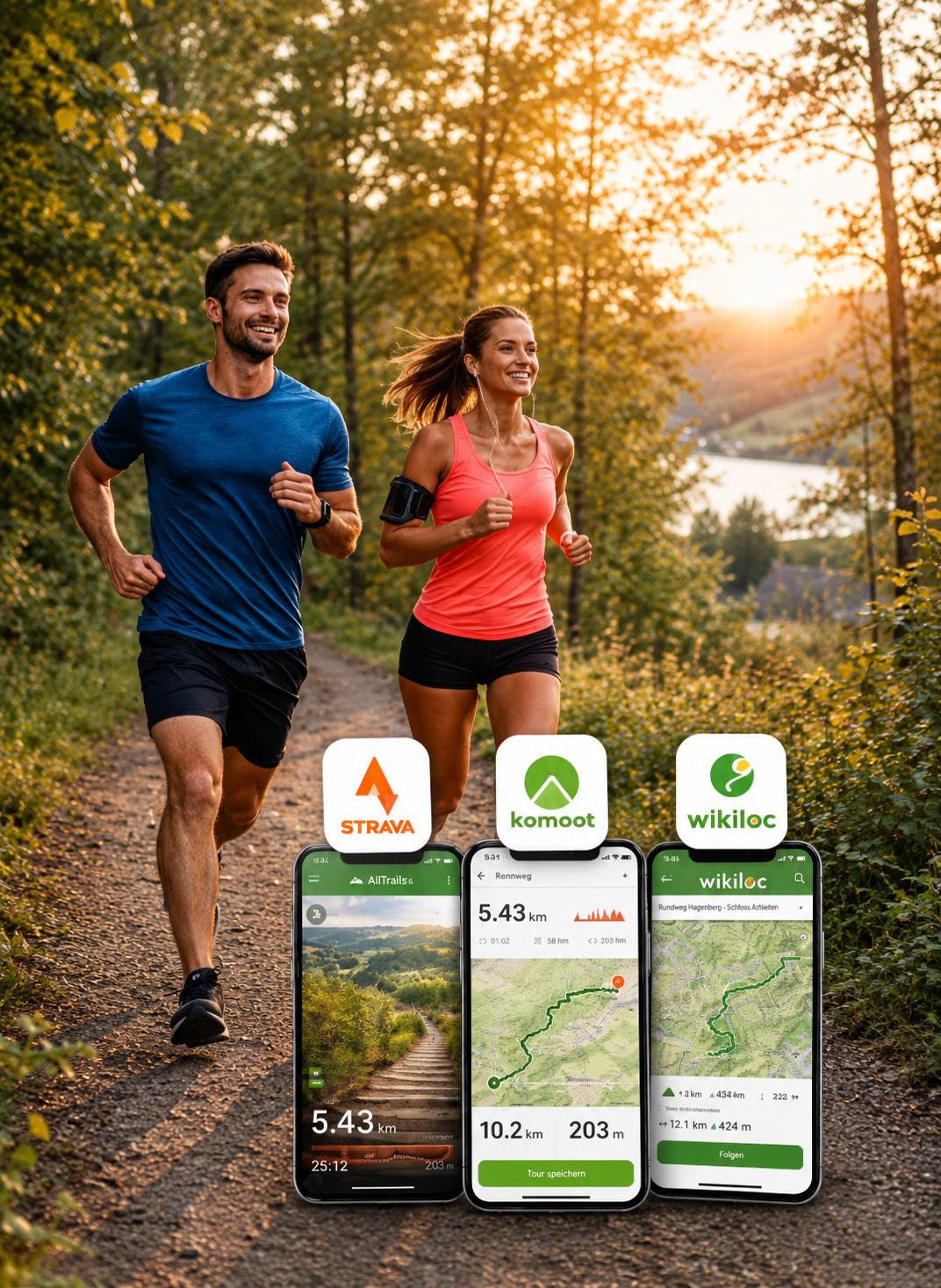 Zwei Läufer auf einem Waldweg mit Lauf-Apps im Bild