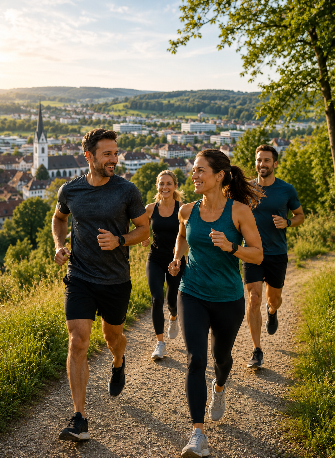 Laufen Hagenberg sportliche Gruppe beim Outdoor-Training mit Blick über Hagenberg