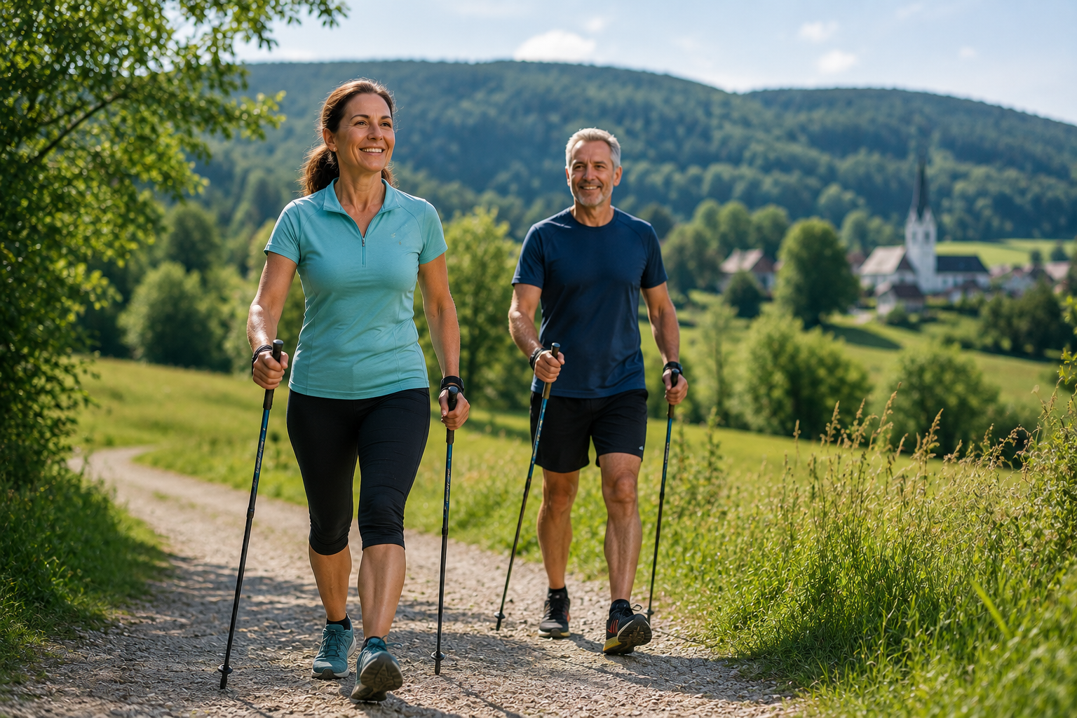 Nordic Walking Hagenberg aktive Sportler auf Naturweg in idyllischer Landschaf