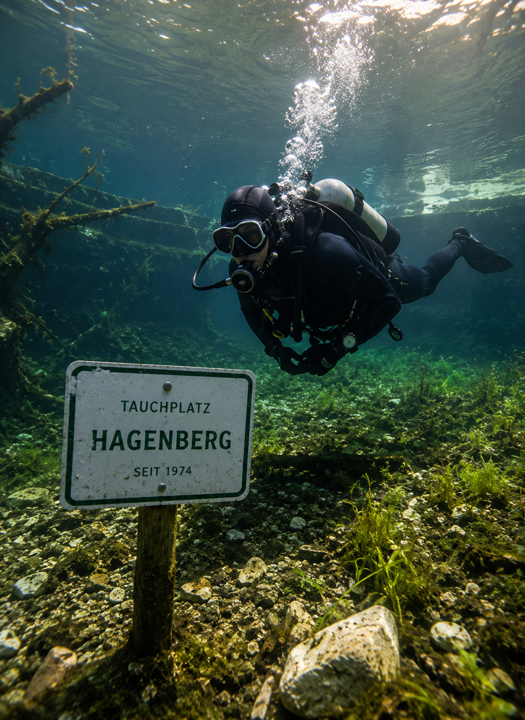 Scuba Diving Hagenberg Taucher in klarem See mit Unterwasserlandschaft