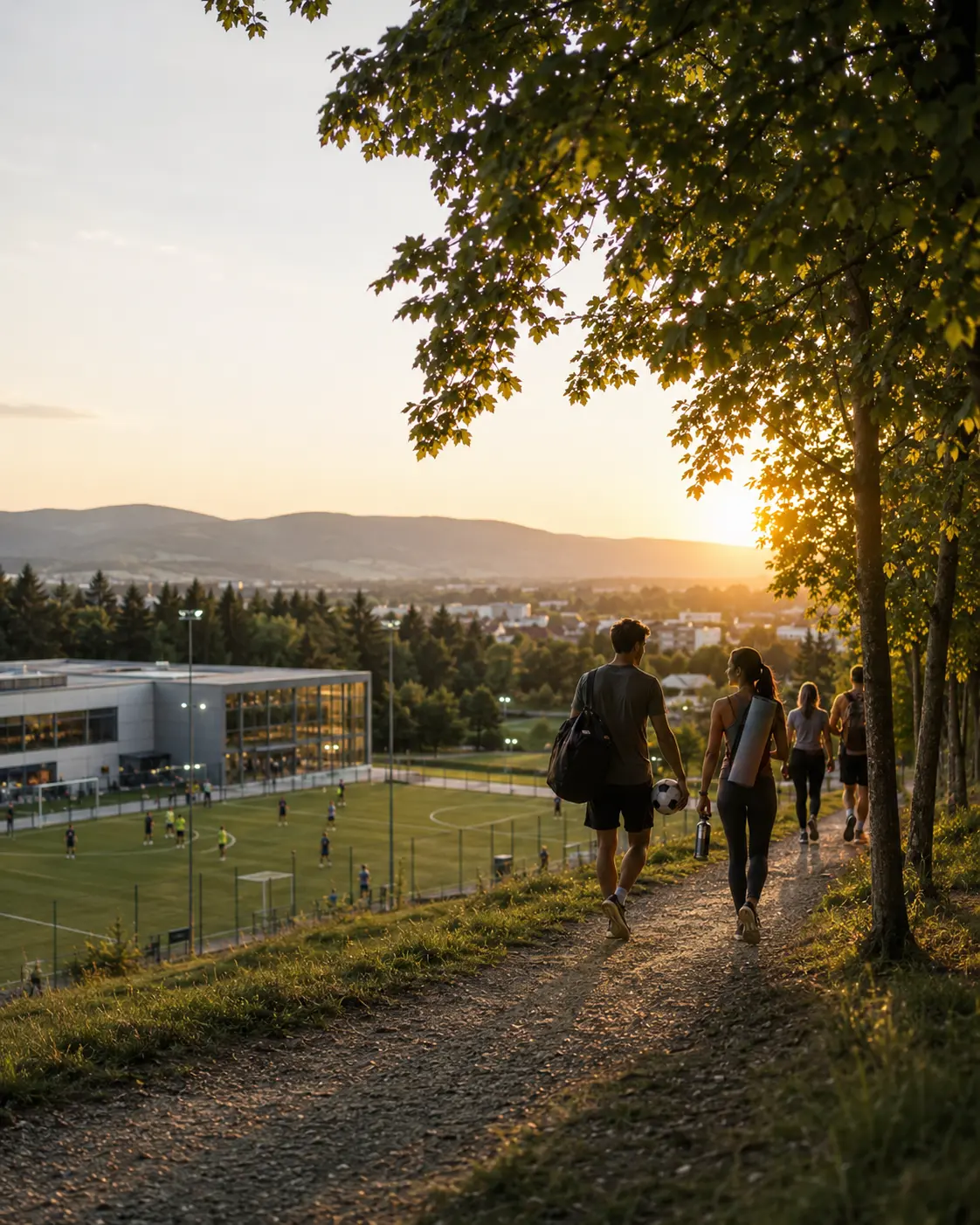 Personen gehen bei Sonnenuntergang an einem Sportgelände in Hagenberg entlang.
