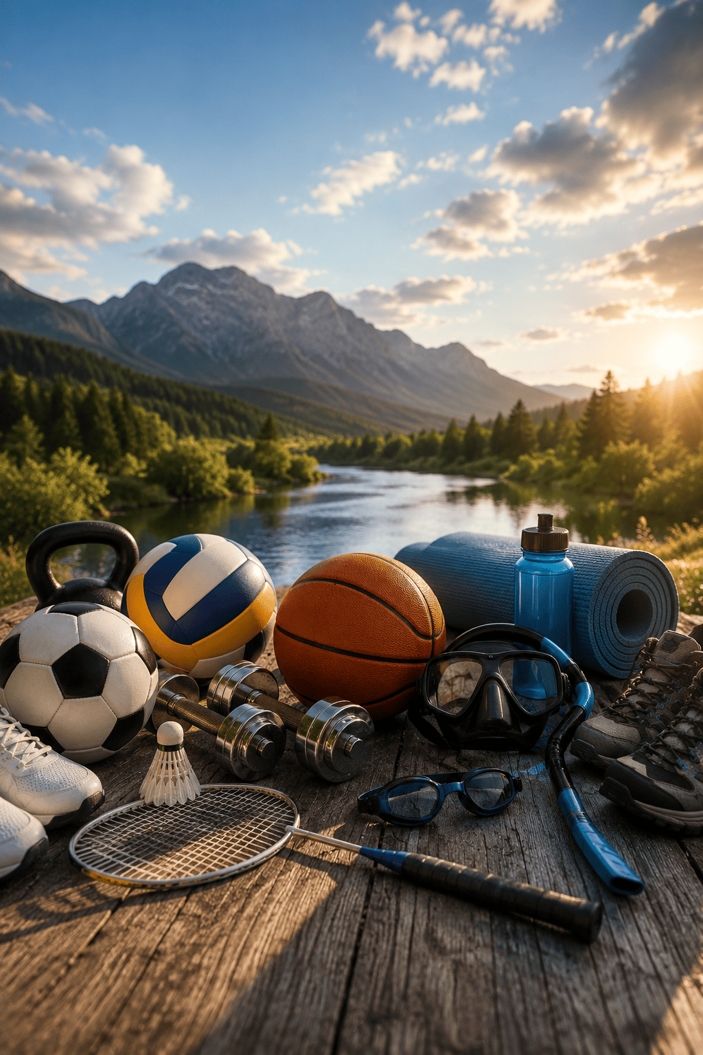 Sportangebote Hagenberg verschiedene Sportarten und Ausrüstung in natürlicher Outdoor-Umgebung