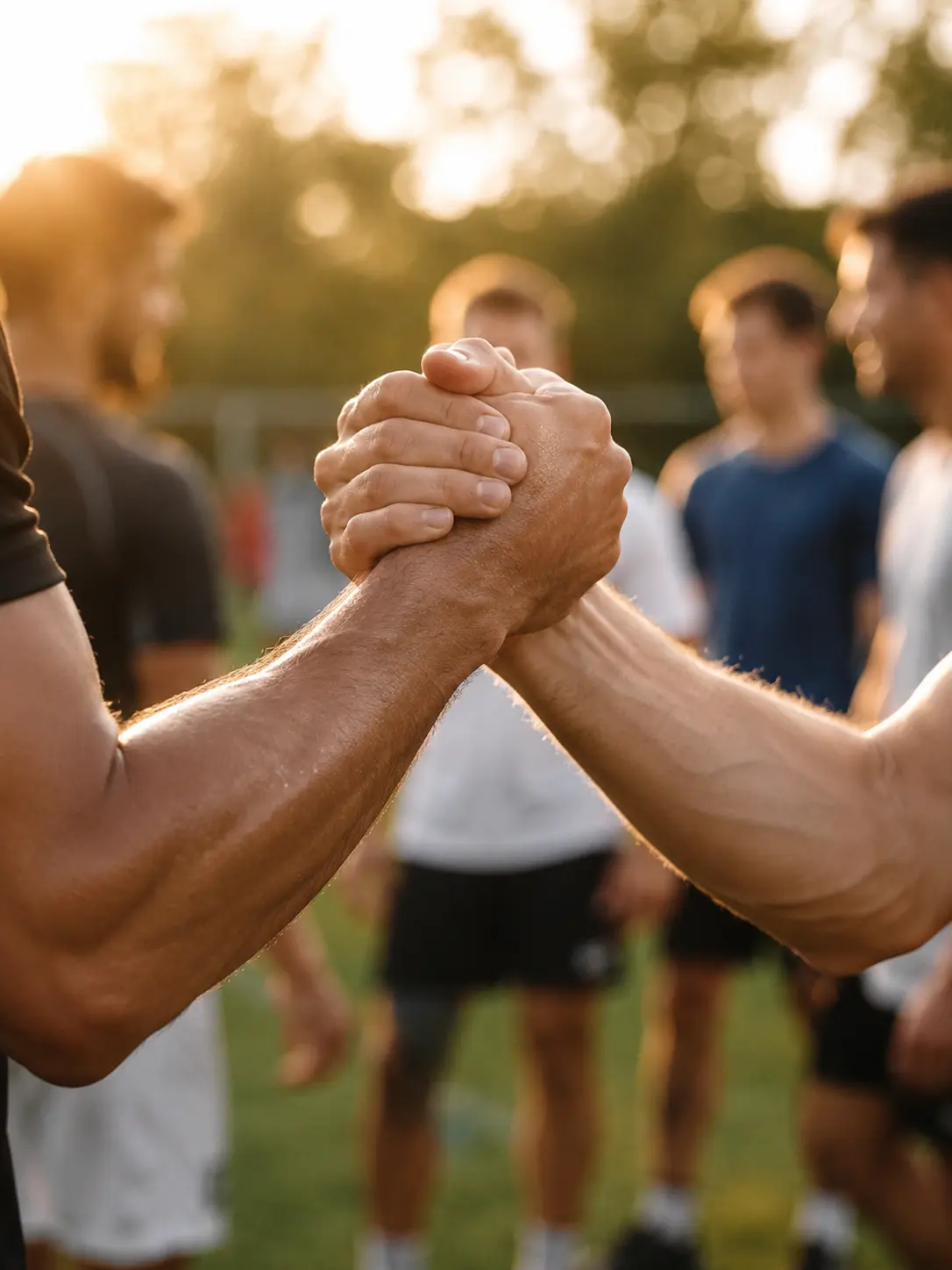 Zwei Sportler reichen sich auf einem Sportplatz die Hand als Zeichen für Teamgeist und Fairness.
